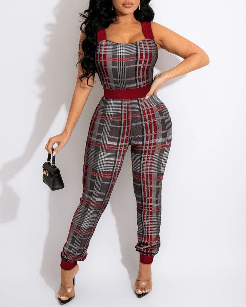 Z77614 Spring summer Plaid print playsuit women sleeveless Square Collar plus size jumpsuit