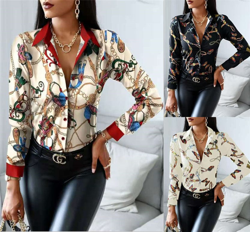 Z79661 Spring stylish Casual Print long Sleeve shirts women  Buckle Turndown Collar Tops