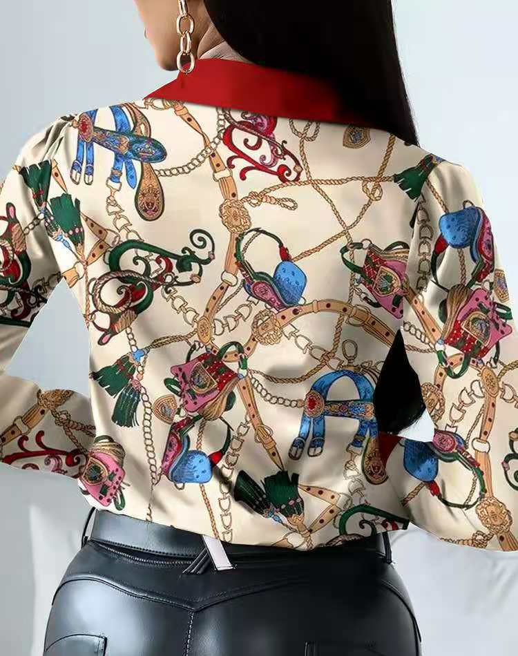 Z79661 Spring stylish Casual Print long Sleeve shirts women  Buckle Turndown Collar Tops