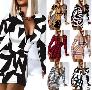 Z80106 Sexy Zipper Collar Simple dresses Midi Casual Long Sleeve women Print Dress