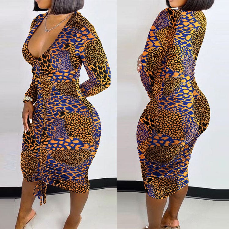 Z80334 Spring Women Print dresses Ladies V Neck Long sleeve bodycon Sexy casual Dress