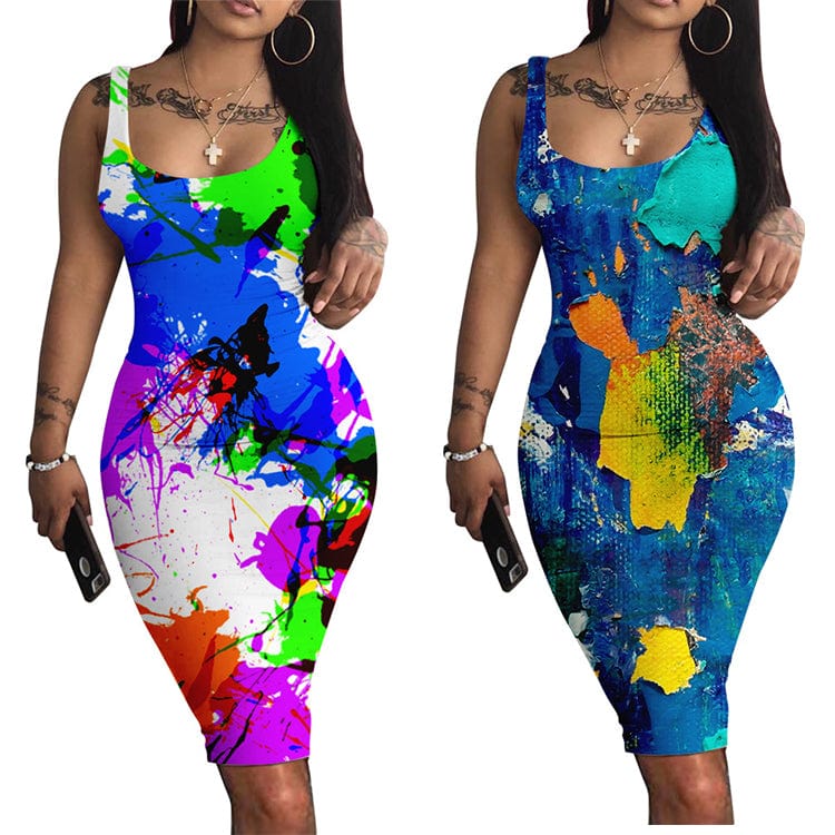 Z94973 Summer dress U Neck Sleeveless Casual Art splash print dresses women 2022